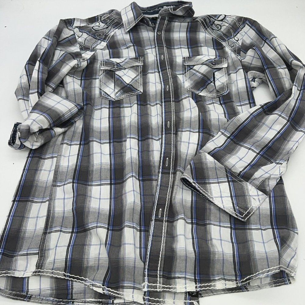 Roar Mens M Blue Plaid Embroidered Shirt Button Up Long Sleeves Collared